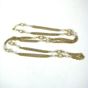 Vintage Gold Tone Multi Strand Chain Necklace Faux Pearl Beads 52 Inch Lariat